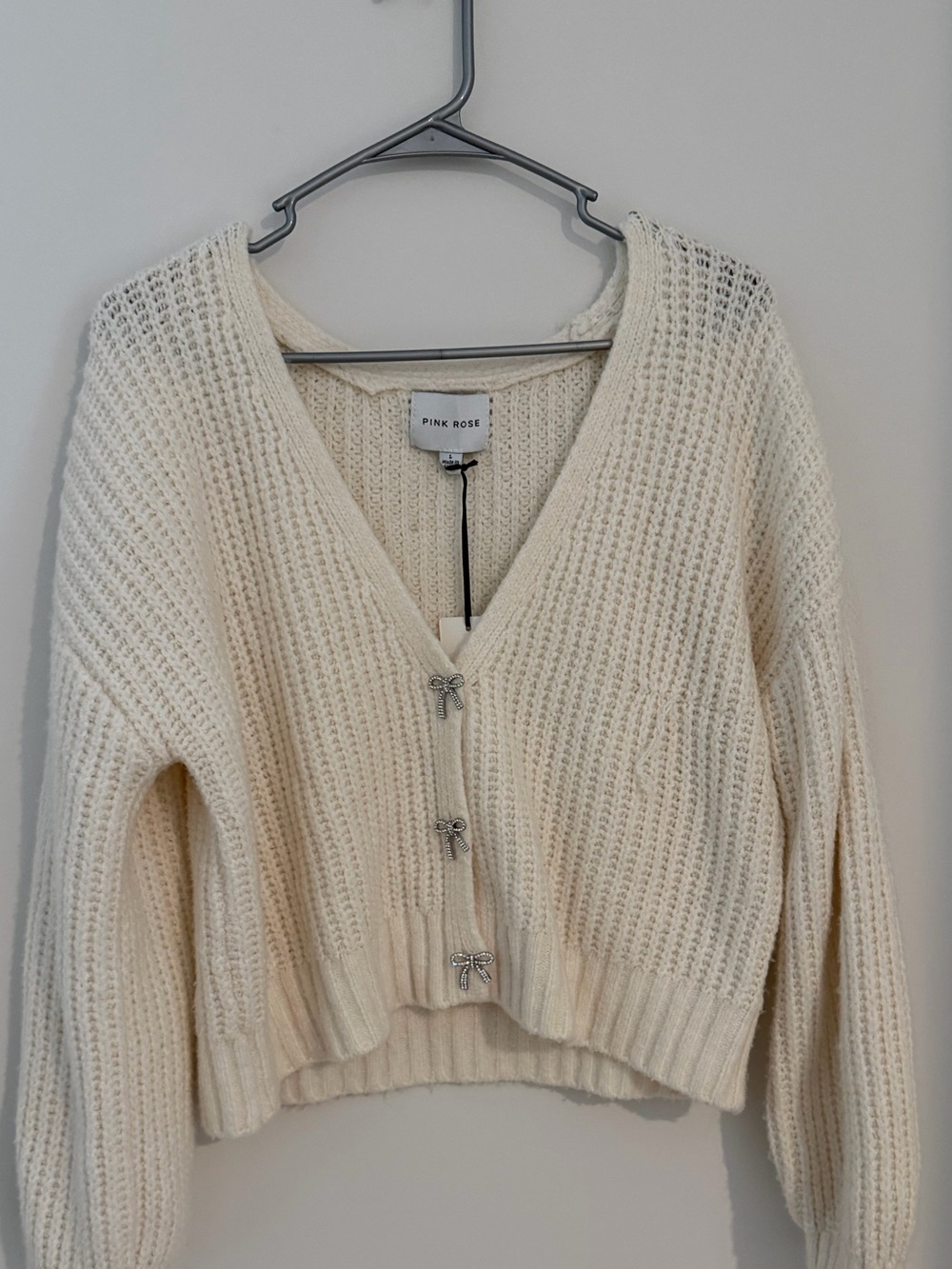 PINK ROSE - Cream Bow V-Neck Knit Cardigan Sweater - Women’s Size Large